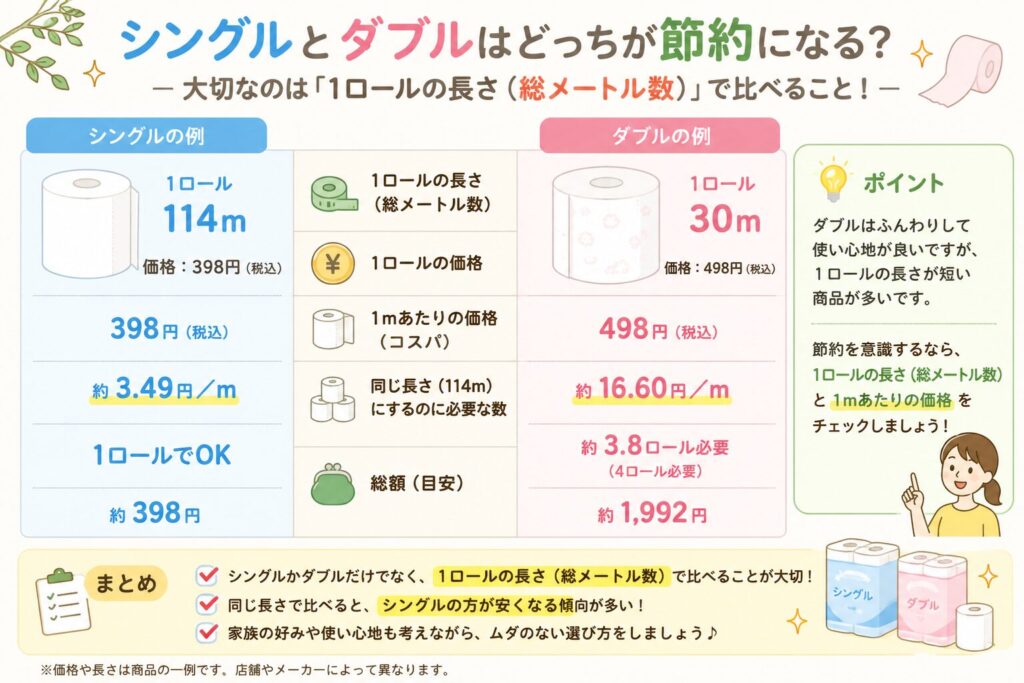 トイレットペーパーのシングルとダブルを、1ロールの長さ、価格、1mあたりの価格で比較し、節約では総メートル数を見ることが大切だと示した図解。