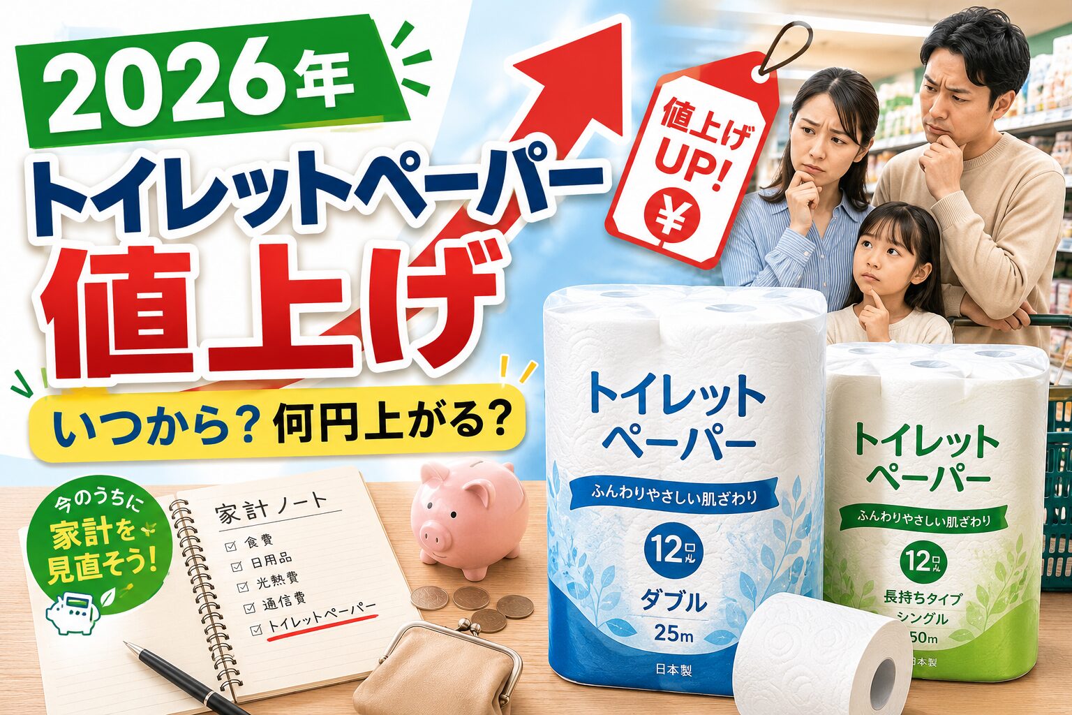 2026年のトイレットペーパー値上げについて、家計への影響や何円上がるのかを伝えるアイキャッチ画像