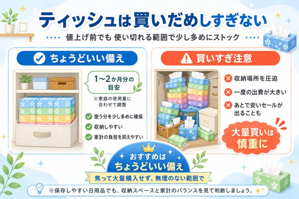 ティッシュの買いだめについて、1〜2か月分を目安にした適量ストックと、大量購入による収納圧迫や出費増加を比較した図解。