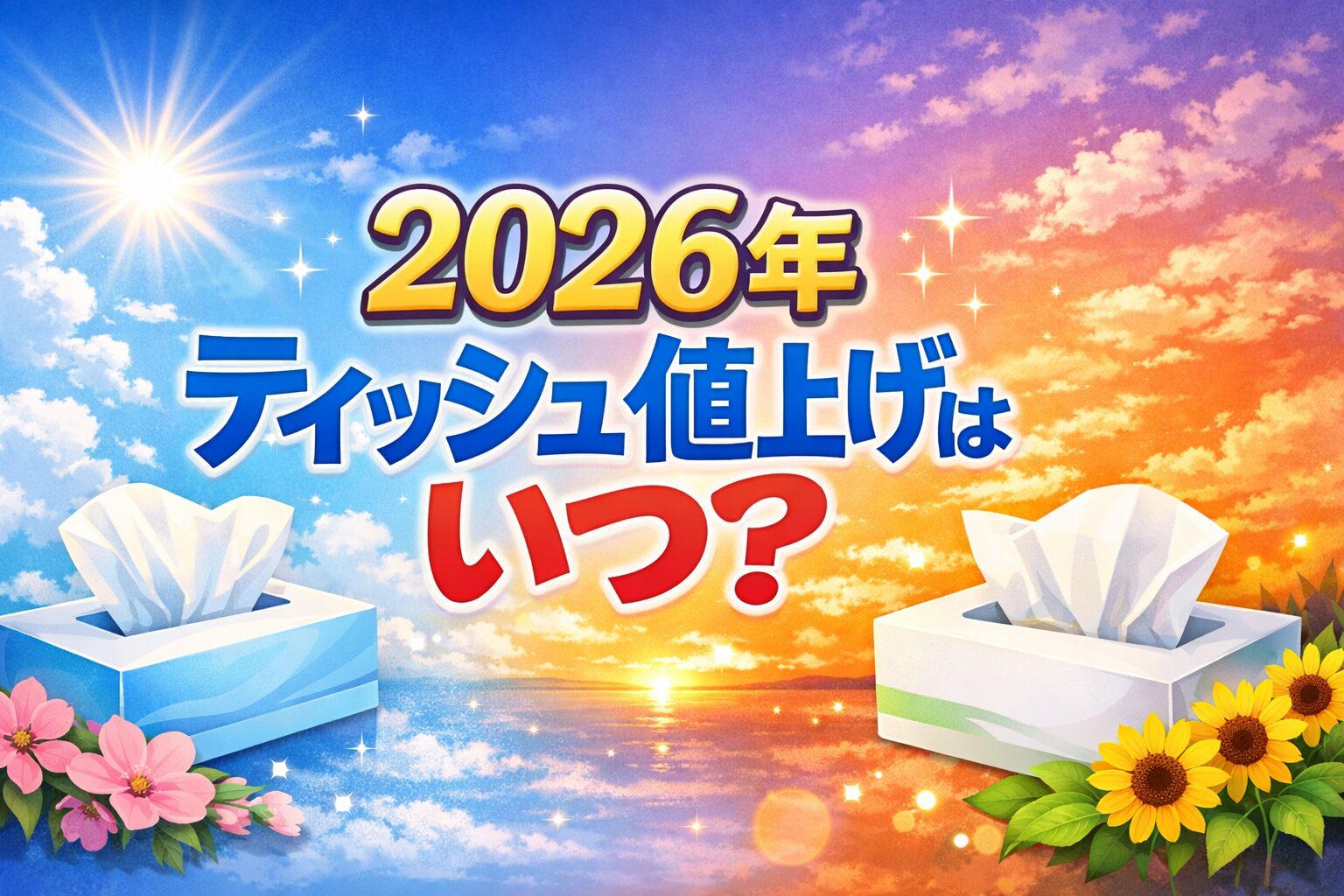 2026年のティッシュ値上げ時期を解説する記事アイキャッチ。ティッシュ箱と値上げイメージのグラフ。
