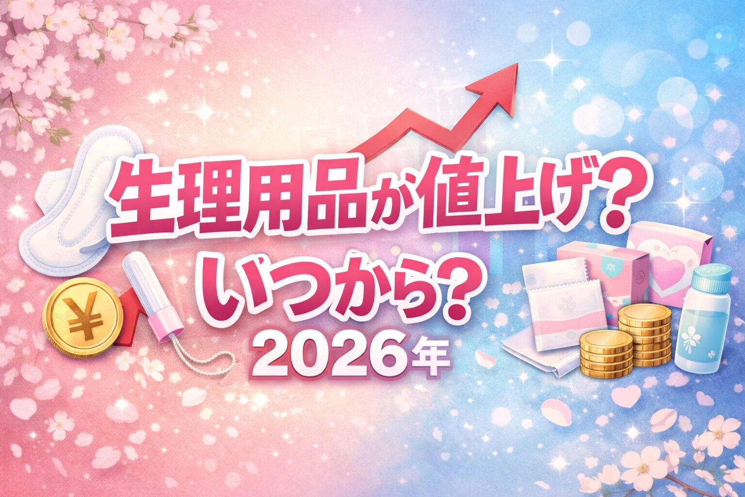 生理用品の値上げをテーマにしたイメージ画像。「生理用品が値上げ？いつから？」という大きな文字とナプキンやタンポン、値上げを示す矢印が描かれている。