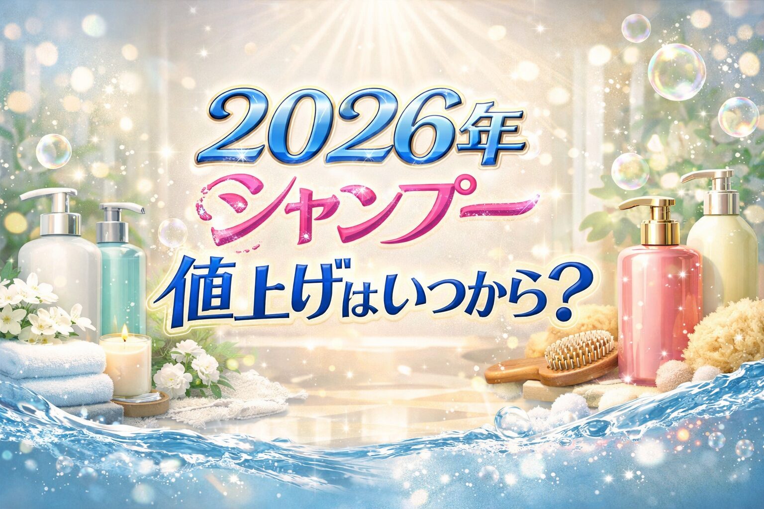 2026年のシャンプー値上げ時期をテーマにした横長バナー。高級感のある文字とシャンプーボトルやバス用品が並ぶイメージ
