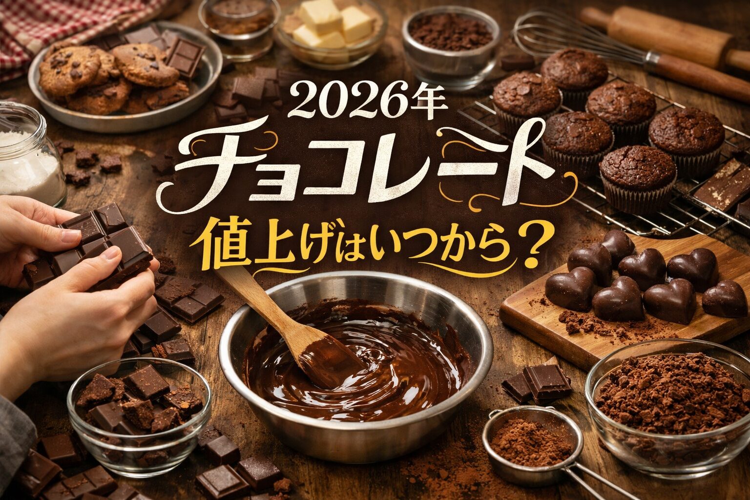 2026年チョコレート値上げ時期を解説するバナー。板チョコを使ったお菓子作りのシーンと大きな文字で値上げはいつからかを表現した画像