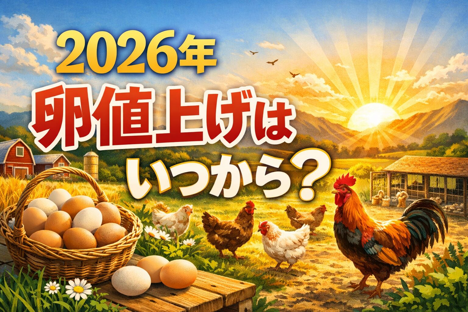 2026年の卵値上げ時期をテーマにした横長バナー。朝日が差し込む農場で鶏と卵が並び、大きな文字で「2026年 卵値上げはいつから？」と表示されたイメージ