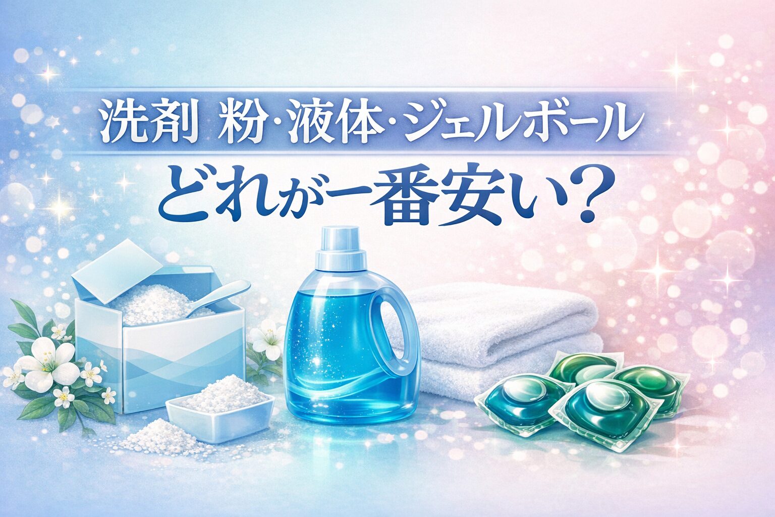 洗濯洗剤 粉・液体・ジェルボールどれが一番安い？ 文字はこれのみで素敵で上品な横長画像作成をお願いします　　　　文字は大きくしてください