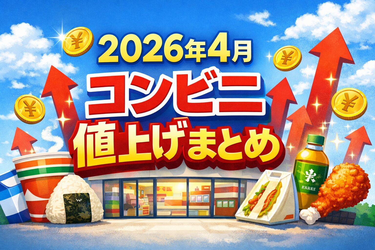 2026年4月のコンビニ値上げをまとめたイメージ画像。おにぎりや弁当、飲料とともに価格上昇を示す矢印やコインが描かれている
