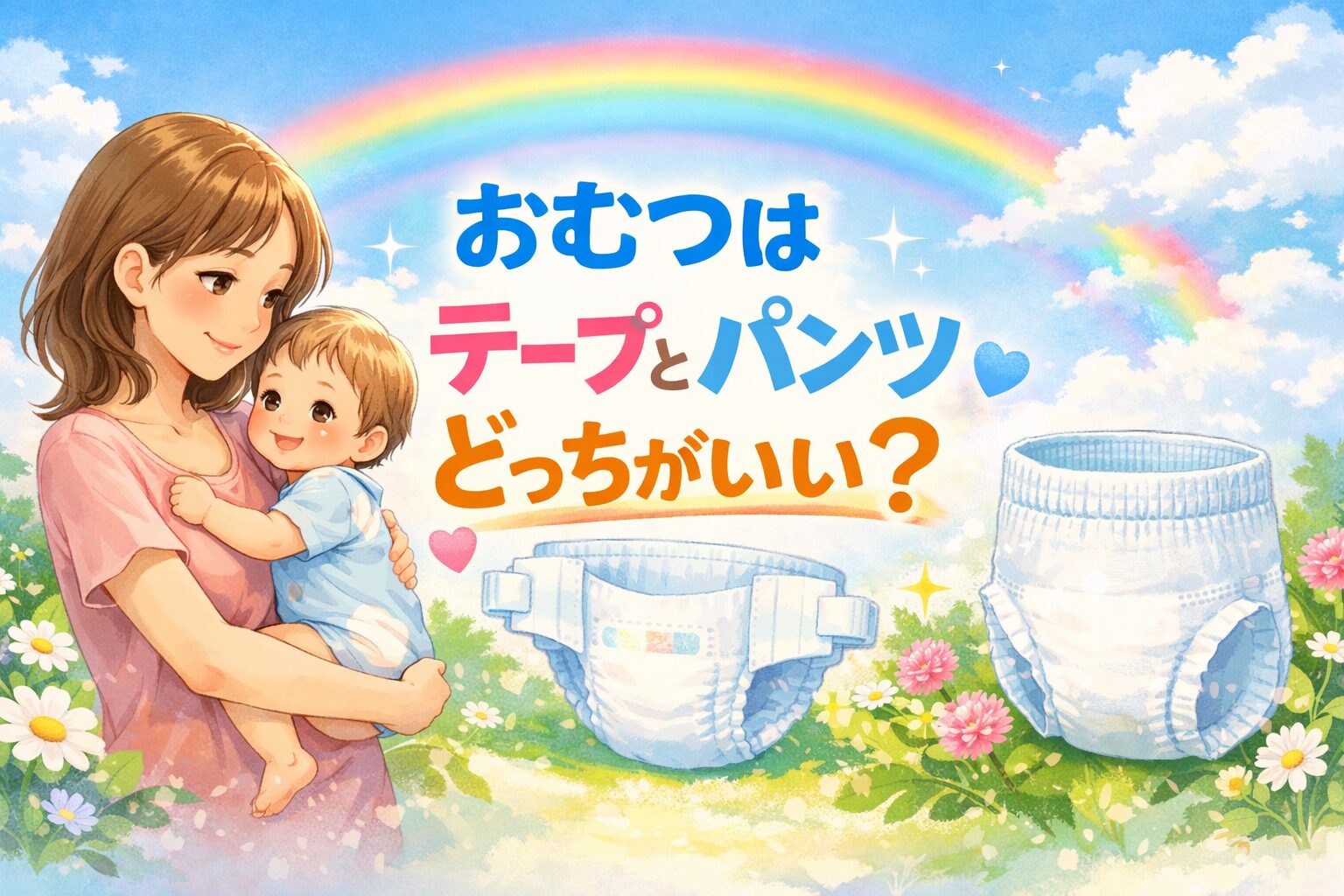 おむつのテープタイプとパンツタイプを比較するイメージ画像。赤ちゃんと2種類のおむつが描かれ「どっちがいい？」と問いかけている