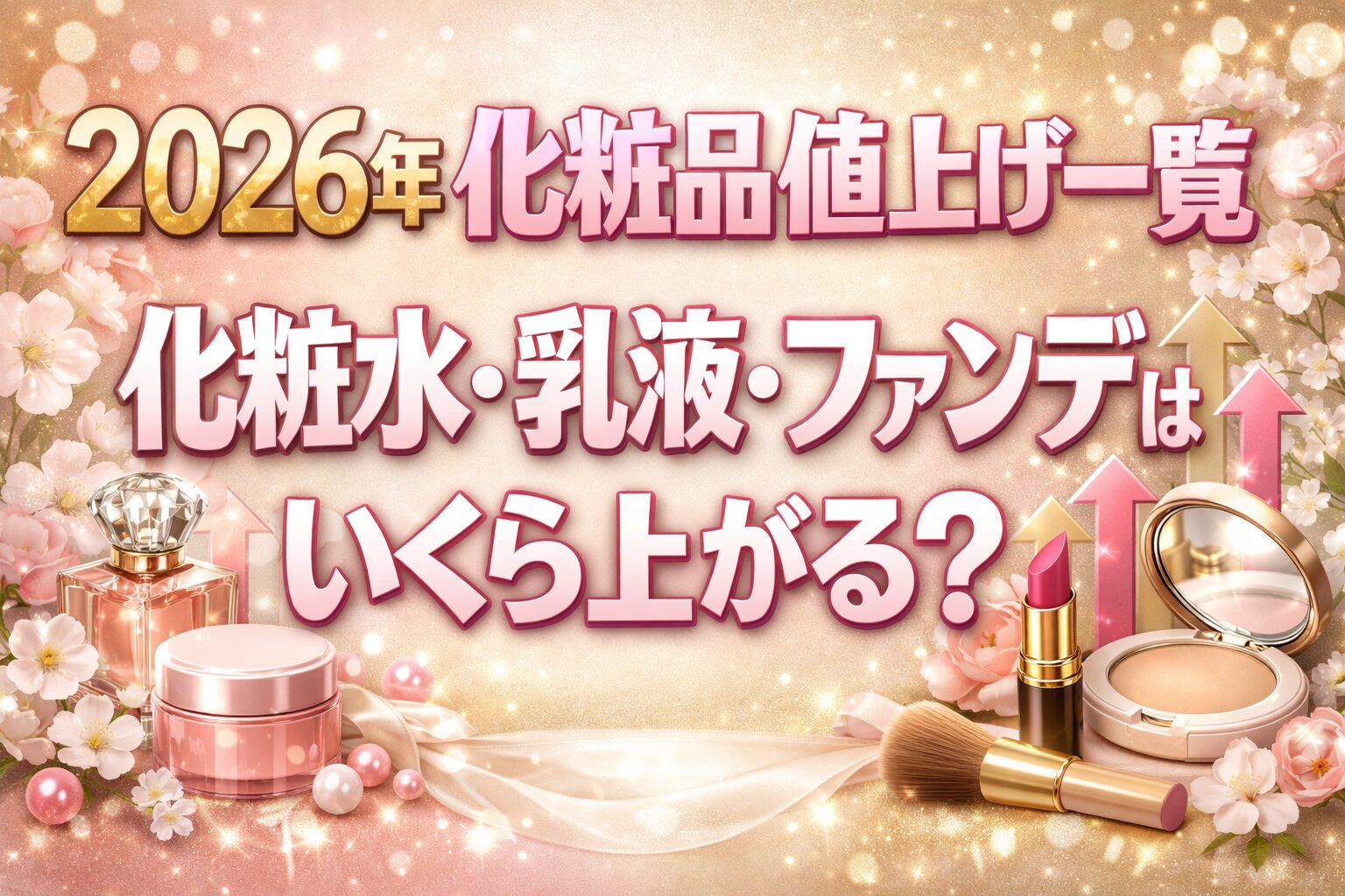 2026年の化粧品値上げをテーマに、化粧水・乳液・ファンデーションの価格上昇を分かりやすく伝える華やかなバナー画像
