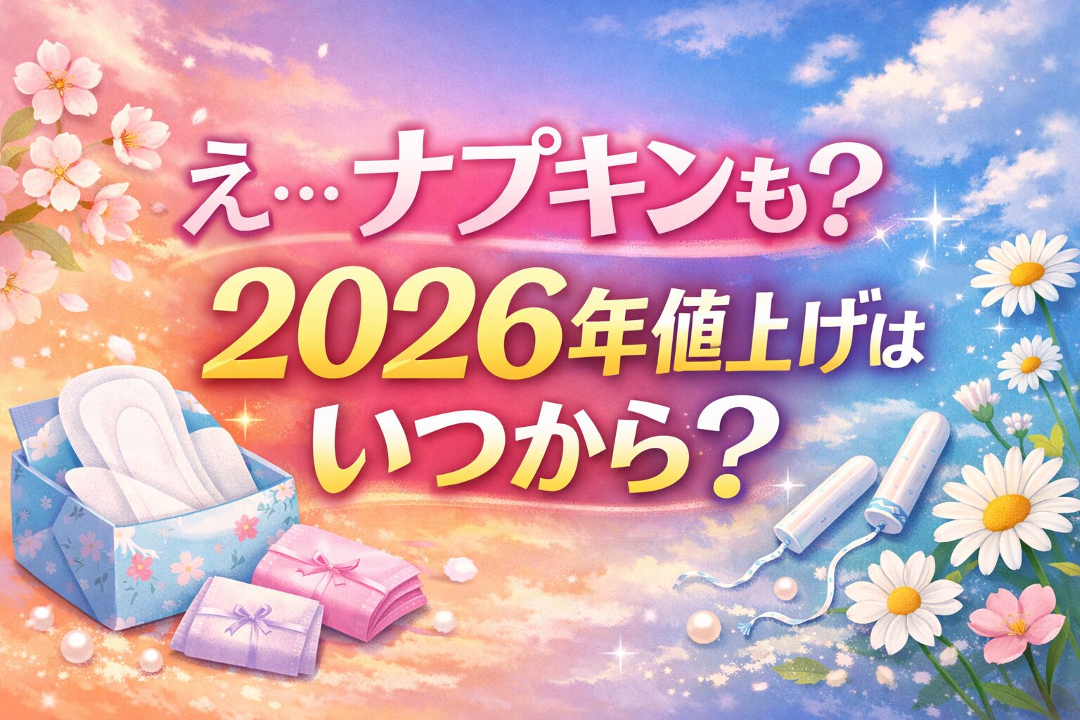2026年ナプキン値上げはいつからかを疑問形で大きく表現した横長アイキャッチ画像。ナプキンやタンポン、花のイラストが配置された上品で可愛いデザイン。