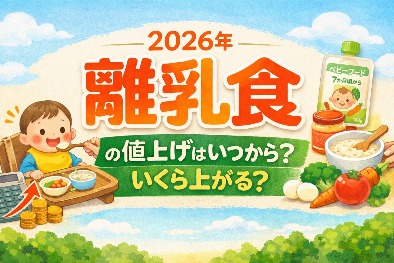 2026年の離乳食値上げを解説するイラスト｜ベビーフードのパウチや食材と赤ちゃんの食事シーン