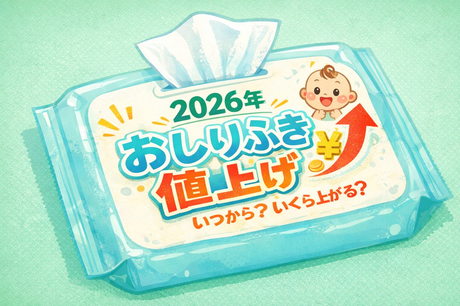 2026年のおしりふき値上げを解説するベビー用おしりふきパッケージ風イラスト