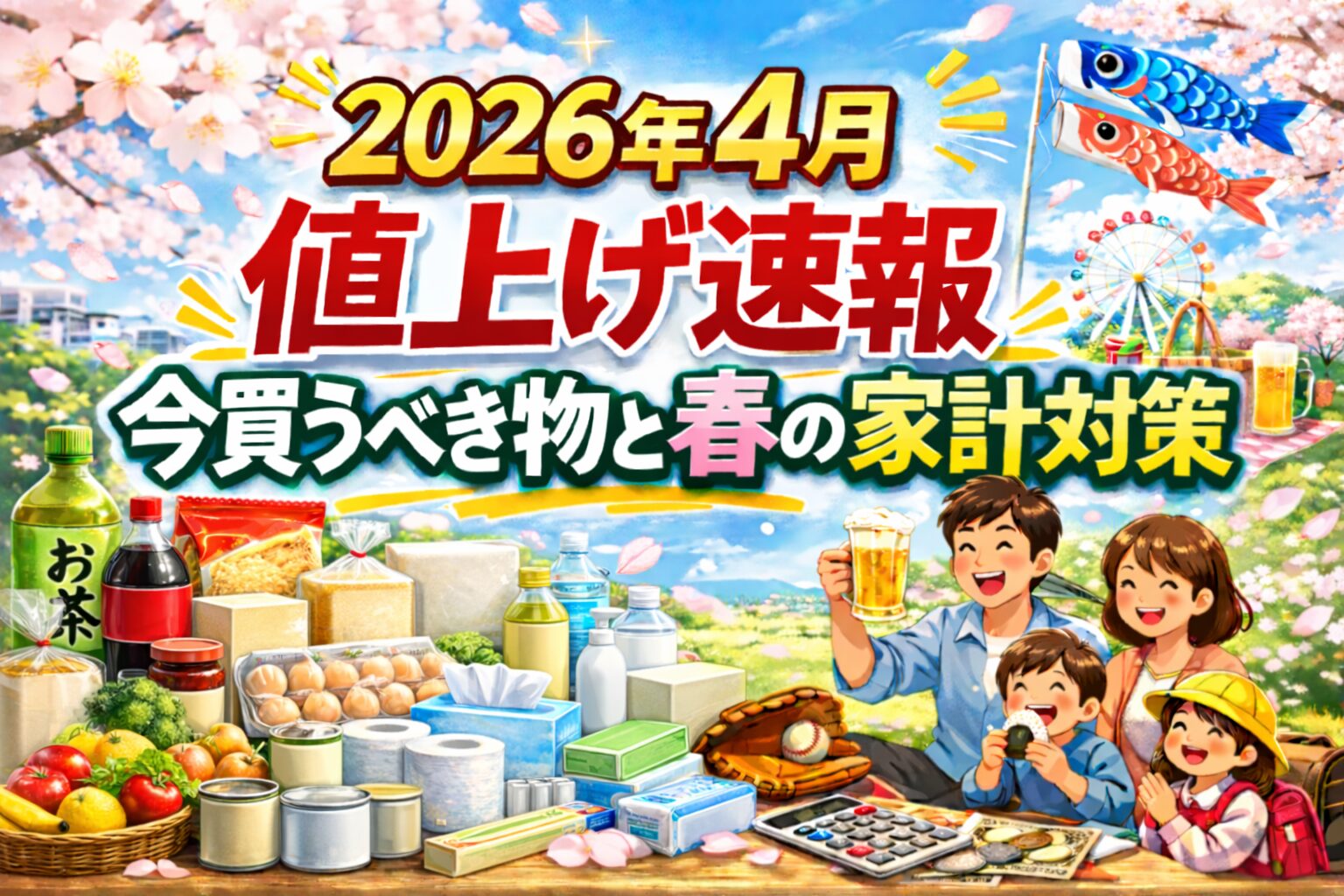 2026年4月の値上げ速報をテーマに、食品や日用品と家族の花見シーンを背景に今買うべき物と春の家計対策を紹介するイメージ画像