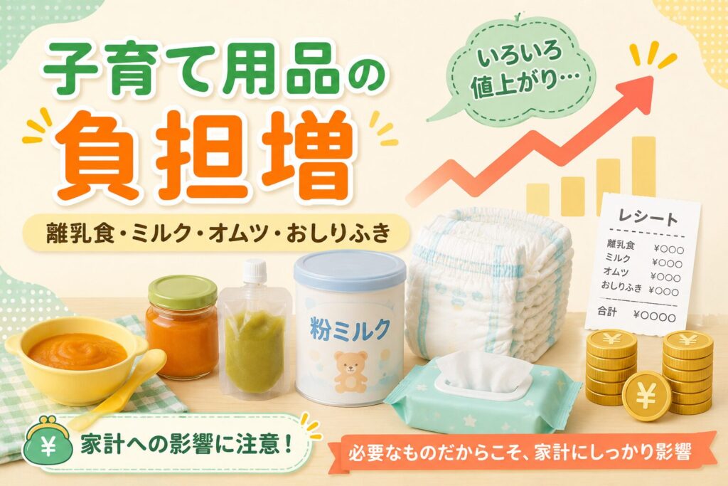 離乳食・粉ミルク・オムツ・おしりふきなど子育て用品の値上げによる家計負担を、レシートやコイン、上昇矢印で表した本文中画像