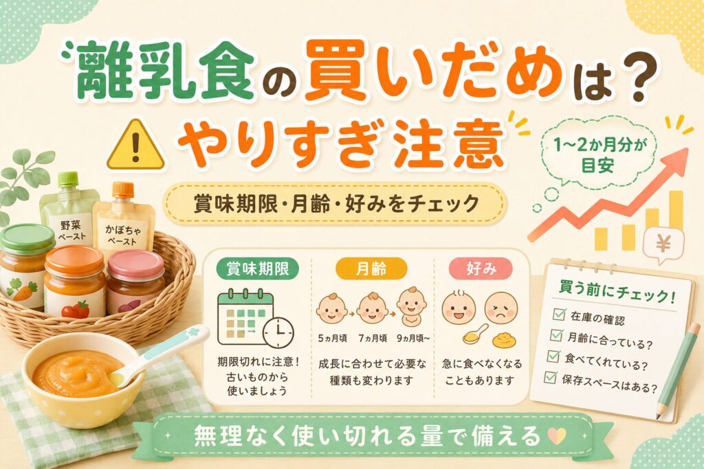 離乳食の買いだめについて、賞味期限・月齢・好みの変化に注意しながら、使い切れる量で備えることを説明した本文中画像
