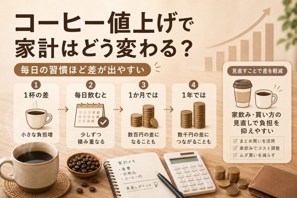 コーヒー値上げで家計への影響が積み重なるイメージ画像。コーヒーカップ、家計メモ、電卓、コインを使い、毎日の習慣が月単位・年単位の負担につながる可能性を表している。
