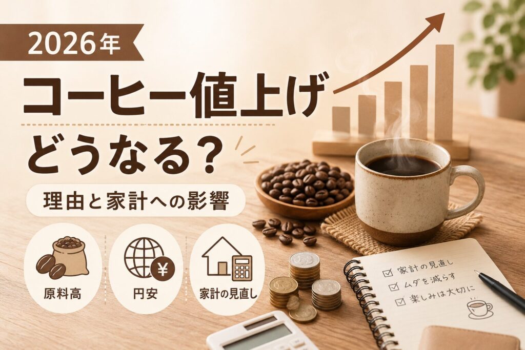 2026年のコーヒー値上げをテーマにした画像。コーヒーカップや豆、上昇グラフ、家計簿、コインが描かれ、原料高や円安、家計への影響をイメージとして表している。