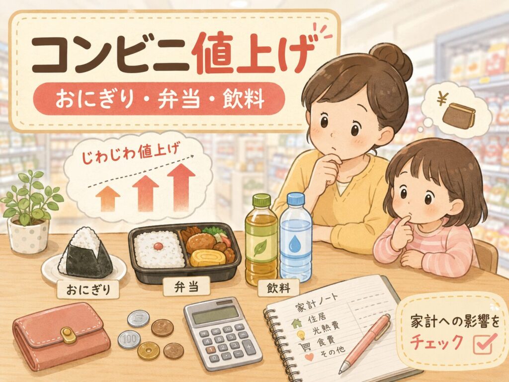 コンビニのおにぎり・弁当・飲料の価格上昇と家計への影響を、親子と家計ノートでやさしく表現したイメージ画像