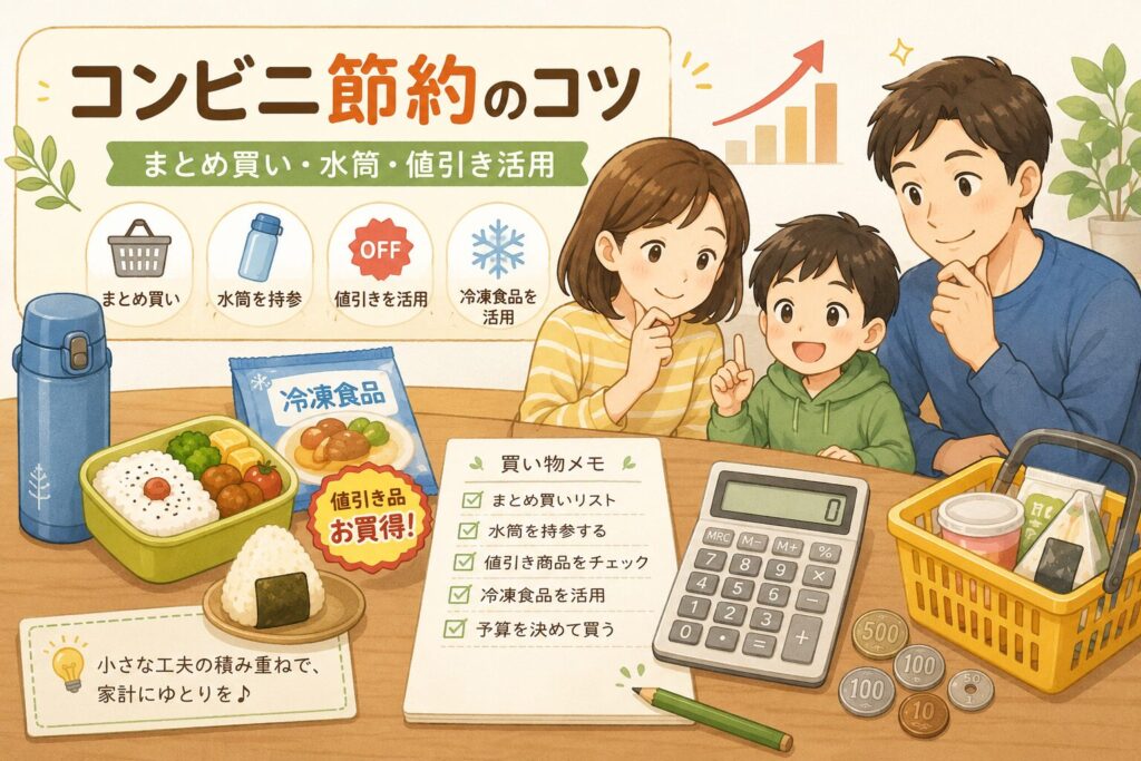 コンビニ値上げ対策として、まとめ買い・水筒持参・値引き活用・冷凍食品の利用など、家族でできる節約のコツを描いたイメージ画像