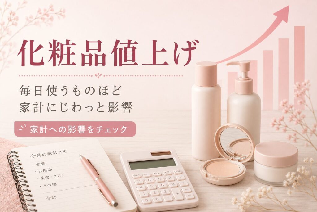 2026年の化粧品値上げが家計に与える影響を、化粧品・メモ帳・電卓・上昇グラフでやさしく表現した画像