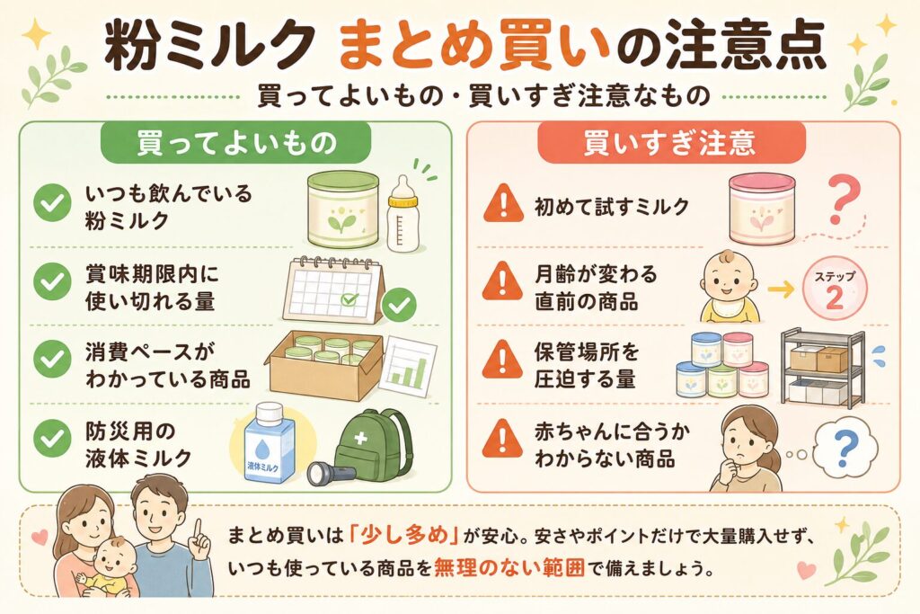 粉ミルクのまとめ買いで、買ってよいものと買いすぎ注意なものを比較した注意点まとめ画像。いつも飲んでいる粉ミルクや防災用の液体ミルクは買ってよいものとして、初めて試すミルクや保管場所を圧迫する量は注意点として紹介している