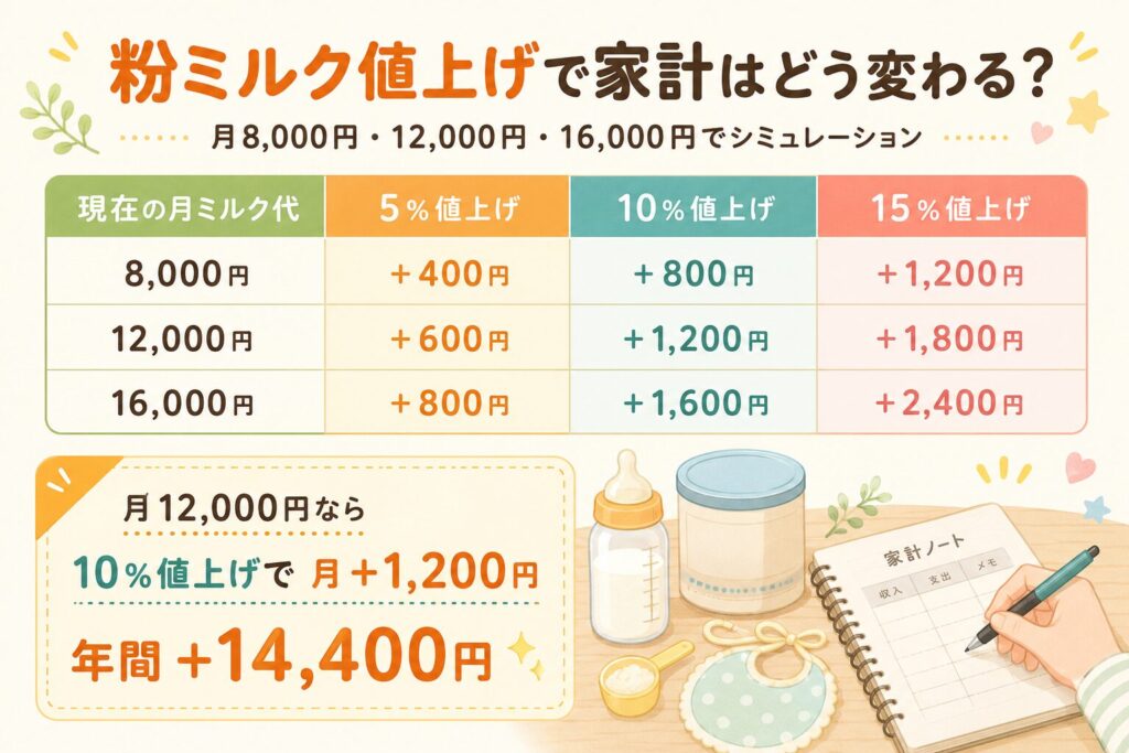 2026年の粉ミルク値上げで家計がどう変わるかを、月8,000円・12,000円・16,000円の支出別に5％・10％・15％値上げで比較した家計シミュレーション画像