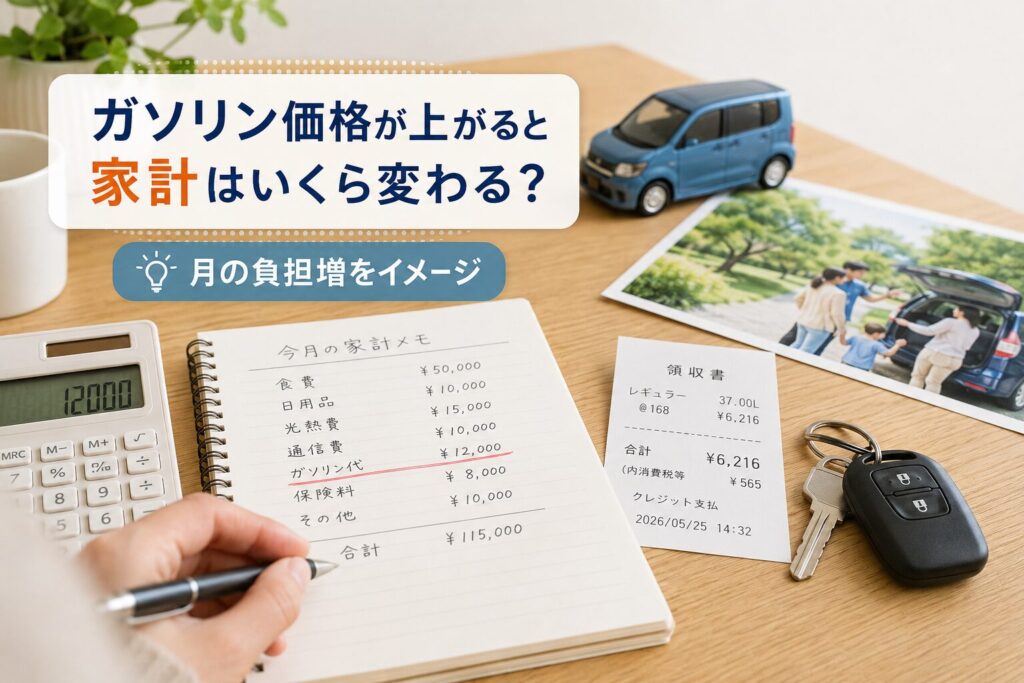 ガソリン価格が上がったときの家計負担を、家計簿・電卓・給油レシート・車のキーで表したイメージ画像
