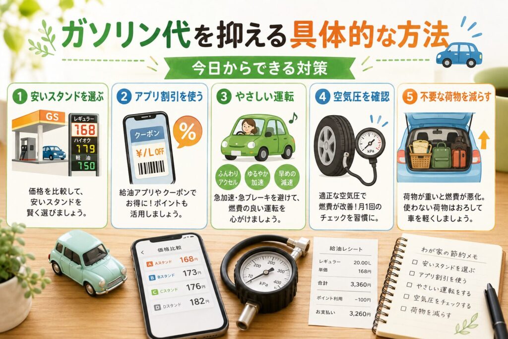 ガソリン代を抑えるために、安いスタンド選び、アプリ割引、やさしい運転、空気圧チェック、不要な荷物を減らす方法をまとめた図解画像