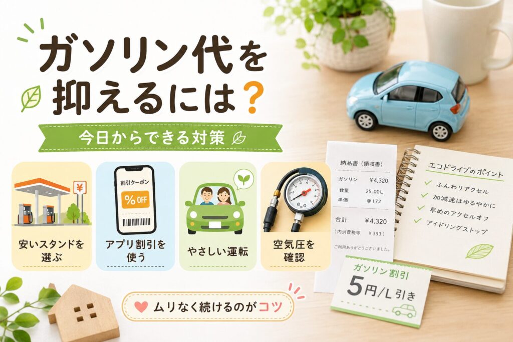 ガソリン代を抑えるために、安いスタンド選び・アプリ割引・エコドライブ・空気圧確認などの対策をまとめたイメージ画像