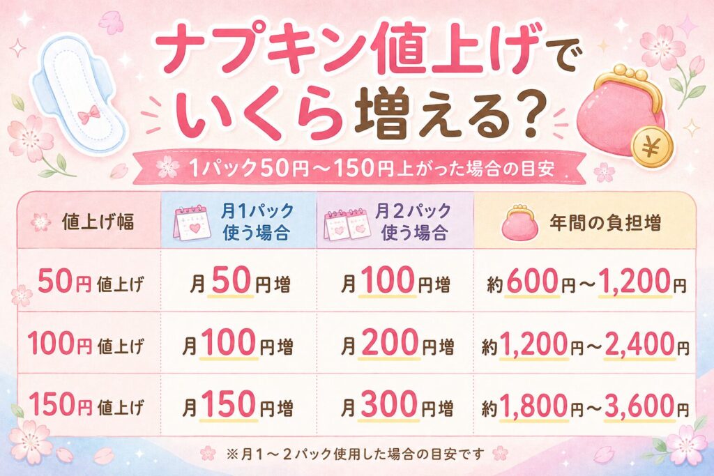 2026年のナプキン値上げで1パック50円から150円上がった場合の家計負担を比較した早見表