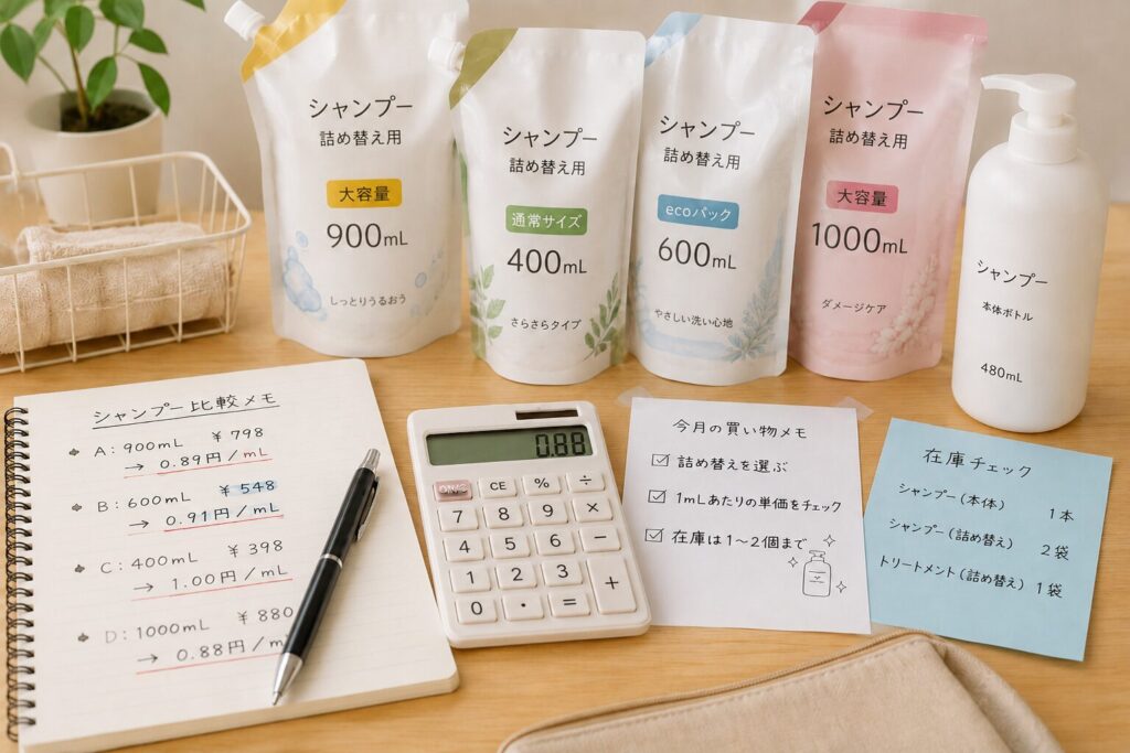 詰め替え用シャンプーの容量や価格を、電卓とメモで比較している家計管理のイメージ