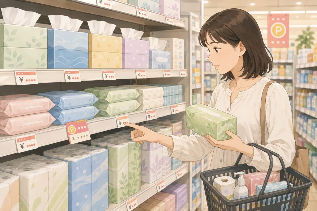 日用品売り場でティッシュの価格を見比べながら選ぶ女性のイラスト