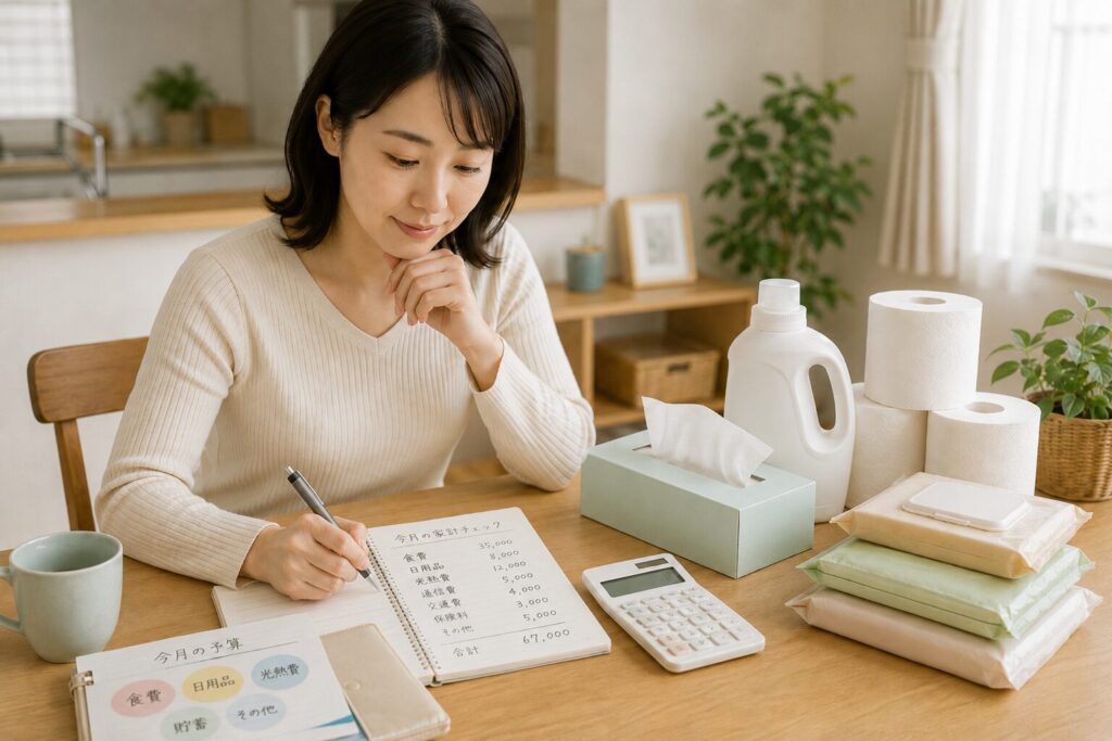 家計簿をつけながらティッシュや日用品の支出を見直す女性のイメージ画像