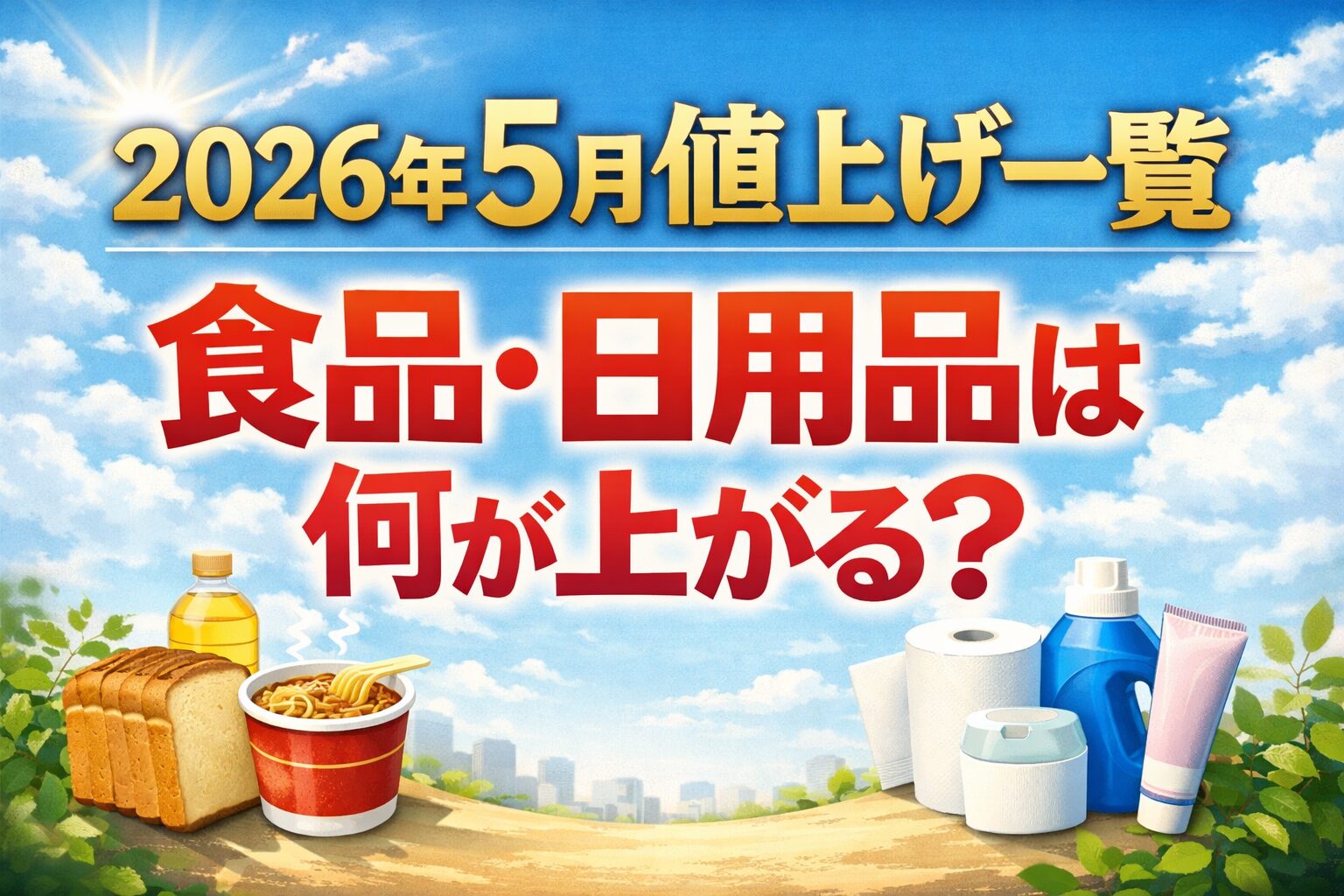 2026年5月の値上げ一覧をテーマにした横長画像。青空の背景に、大きな文字で「2026年5月値上げ一覧｜食品・日用品は何が上がる？」と表示され、食品や日用品のイメージが配置されている。