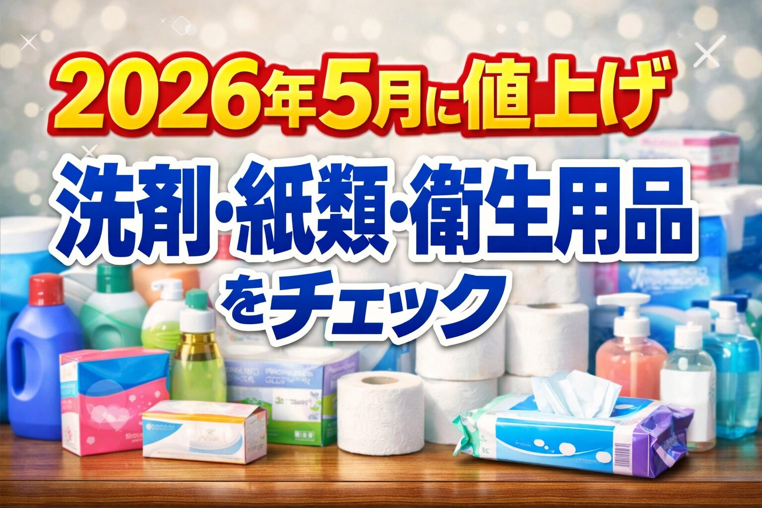 2026年5月の値上げ情報を伝える横長バナー。洗剤、トイレットペーパー、ティッシュ、衛生用品のボトルや紙製品が並ぶ背景に、大きく「2026年5月に値上げ 洗剤・紙類・衛生用品をチェック」と表示された、明るく見やすいデザイン。