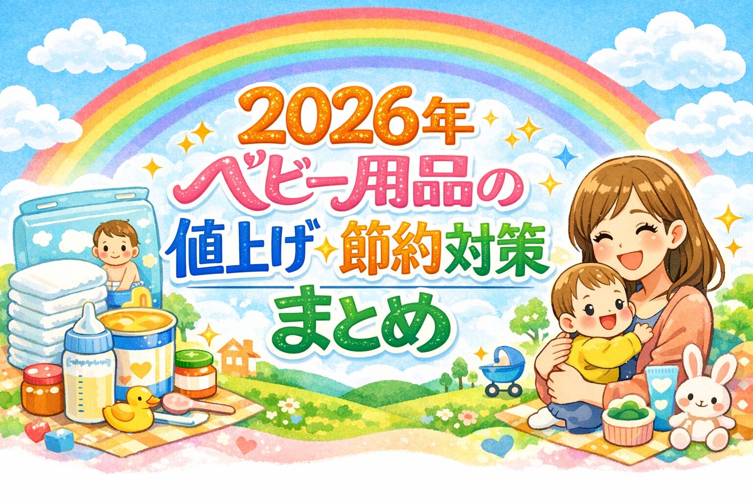 2026年のベビー用品値上げと節約対策をテーマにした横長バナー。虹の背景に、オムツやミルク、離乳食などのベビー用品と、赤ちゃんを抱く母親のイラストが描かれ、大きく「2026年 ベビー用品の値上げ・節約対策まとめ」と表示されている。