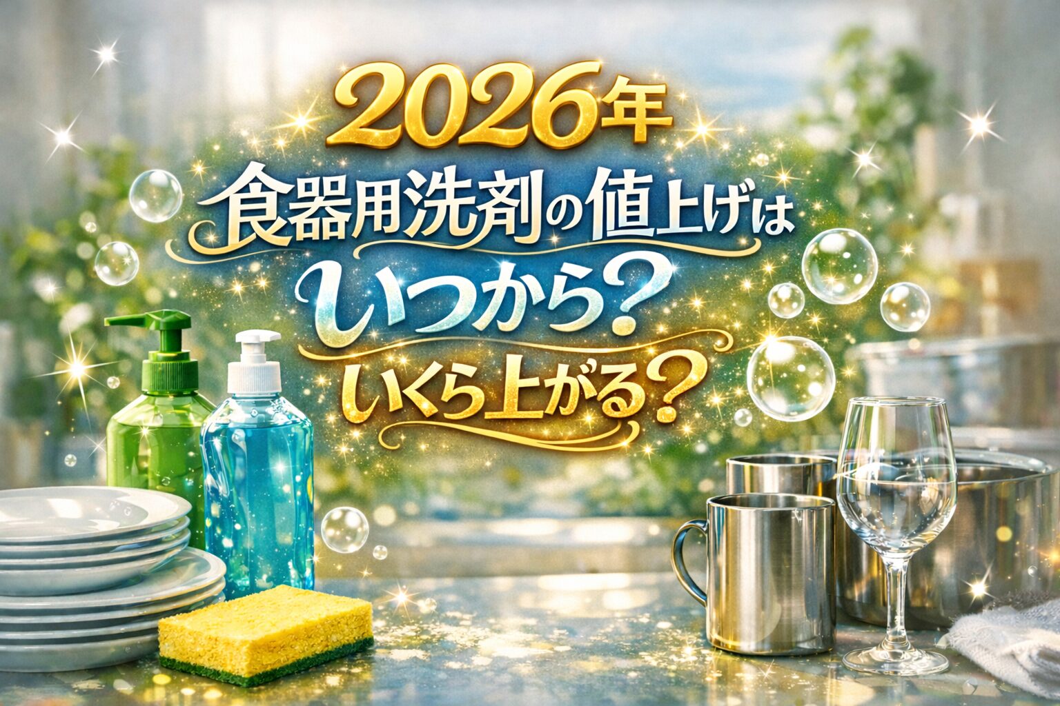 2026年の食器用洗剤の値上げ時期と値上げ幅を解説する横長バナー画像。キッチン背景に食器用洗剤、食器、スポンジを配置し、大きく「2026年 食器用洗剤の値上げはいつから？ いくら上がる？」と表示。