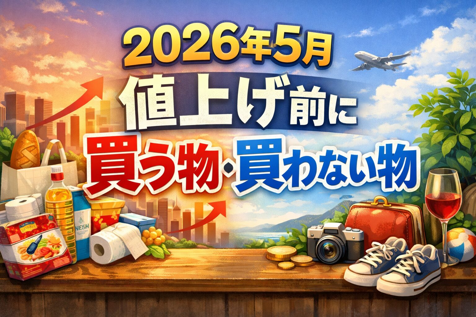 「2026年5月 値上げ前に買う物・買わない物」という大きな文字が中央に配置された横長バナー画像。左側には食品や日用品、右側には靴やカメラなどのイメージが描かれている。