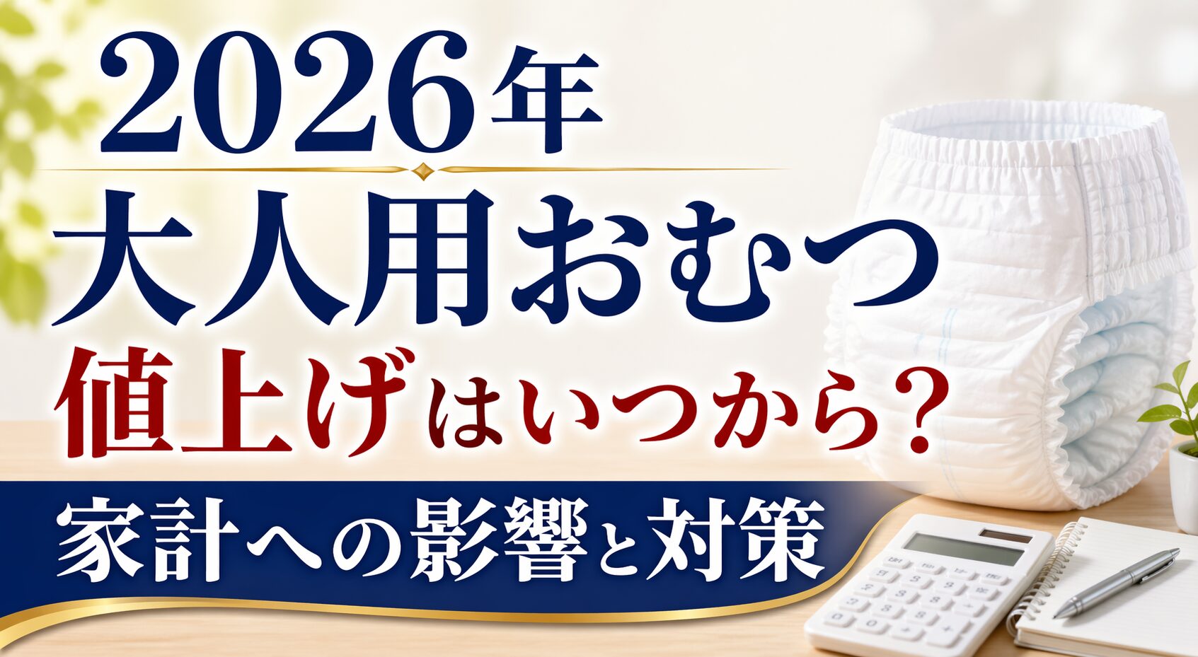 「2026年 大人用おむつ値上げはいつから？家計への影響と対策」という大きな文字が入った横長バナー画像。右側に大人用おむつ、下部に電卓とメモ帳が配置され、値上げと家計対策をイメージできる落ち着いたデザイン。