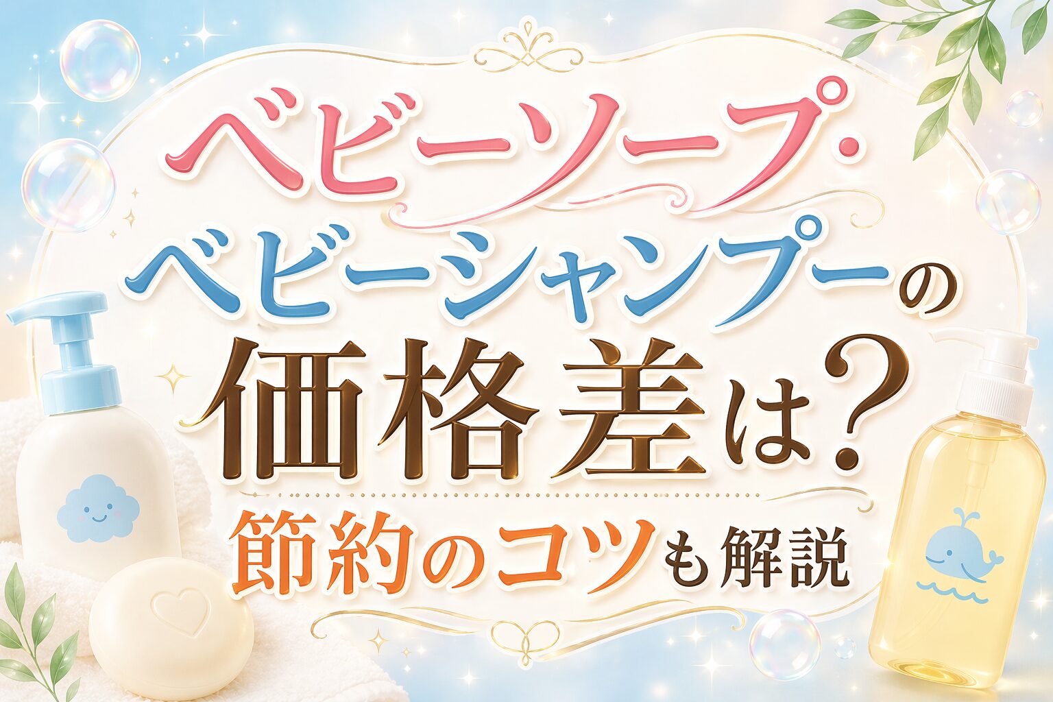 ベビーソープ・ベビーシャンプーの価格差と節約のコツを大きな文字で示した、泡やボトルを使ったやさしい横長バナー画像。