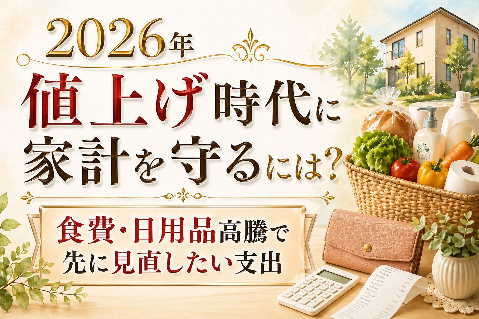 2026年の値上げ時代に家計を守るため、食費や日用品高騰で先に見直したい支出を大きな文字で示した横長バナー画像。買い物かご、財布、レシート、電卓、日用品、住宅が描かれている。