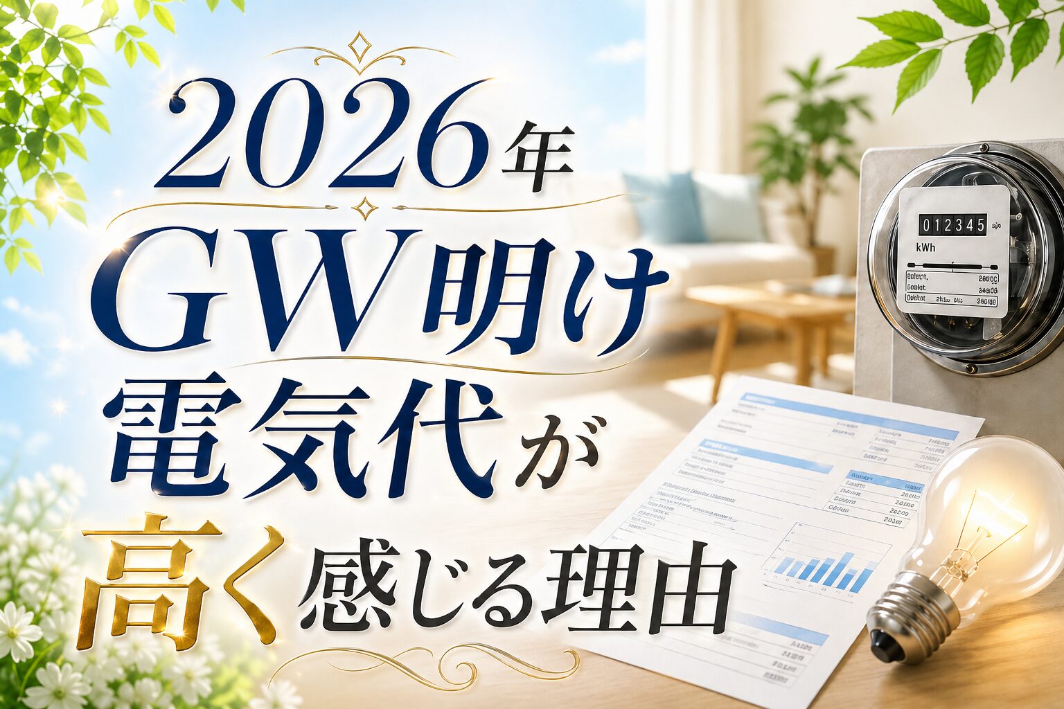 2026年GW明けに電気代が高く感じる理由を大きな文字で示した横長バナー画像。電気メーター、明細書、電球、明るい室内が描かれている。