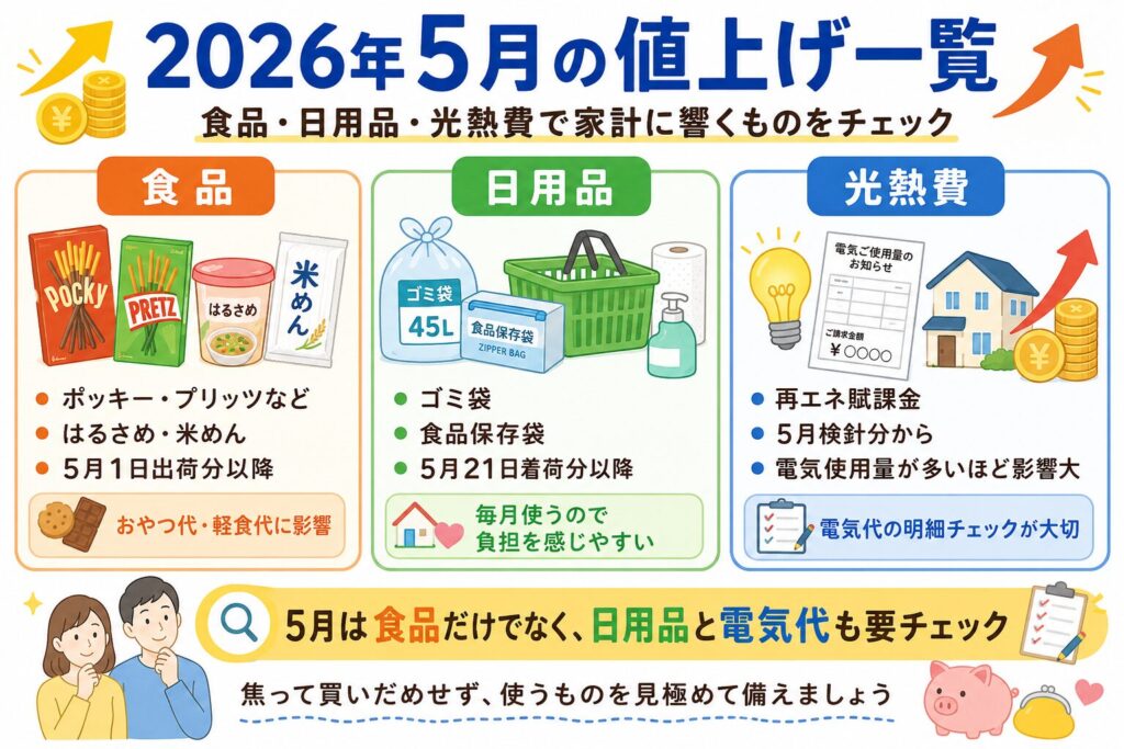 2026年5月に家計へ影響しやすい値上げ項目を、食品・日用品・光熱費の3カテゴリで整理した一覧画像