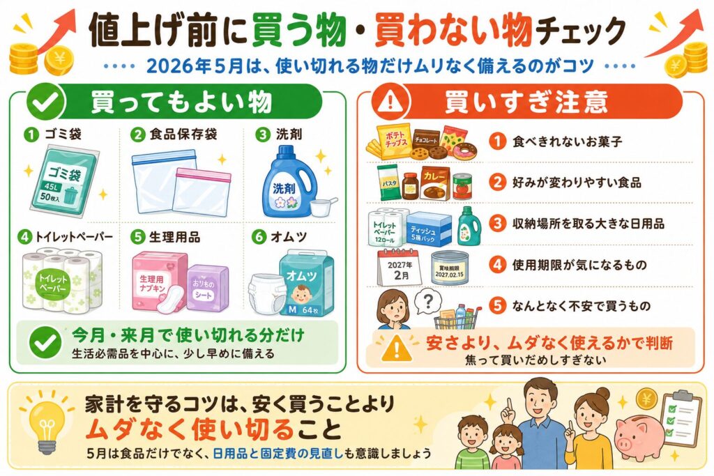 2026年5月の値上げ前に買ってもよい物と買いすぎに注意したい物を、日用品・食品別に整理したチェックリスト画像