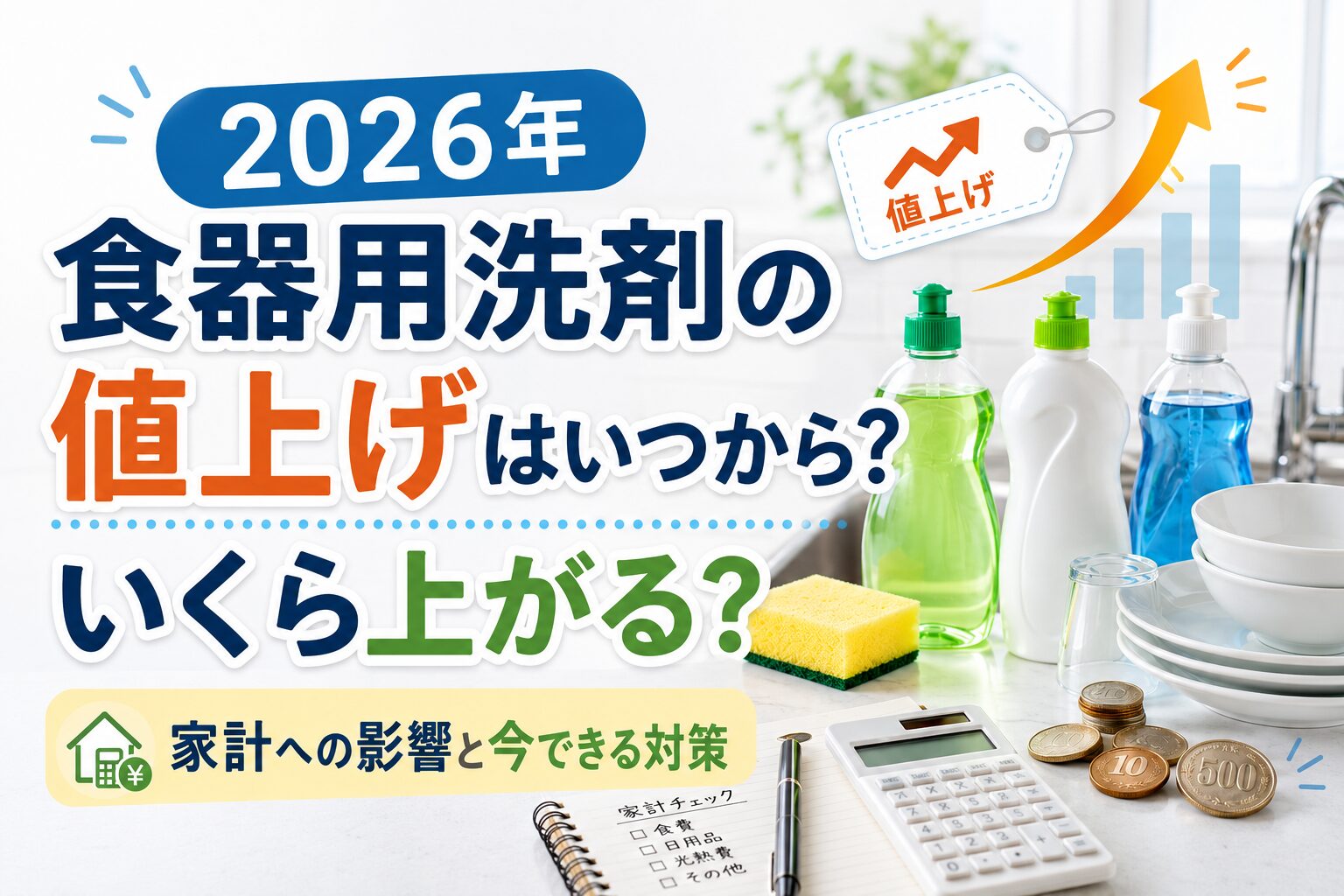 2026年の食器用洗剤の値上げ時期と家計への影響を伝えるアイキャッチ画像。キッチン背景に食器用洗剤、スポンジ、食器、家計チェック用の電卓や硬貨を配置し、「食器用洗剤の値上げはいつから？いくら上がる？」と大きく表示している。