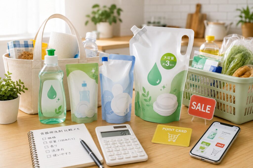 食器用洗剤の本体ボトル、詰替用、大容量パック、セール札、ポイントカード、スマホ画面を並べ、安く買う方法やまとめ買いを表現した本文用画像。