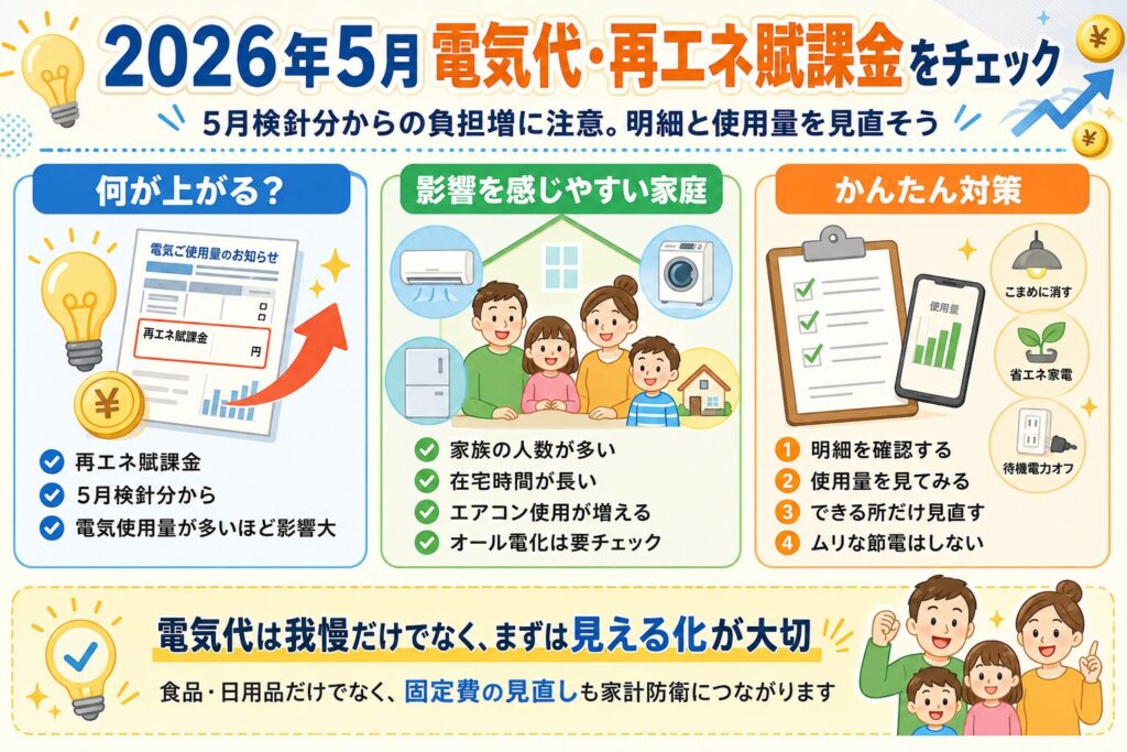 2026年5月の電気代と再エネ賦課金について、負担増のポイント・影響を感じやすい家庭・かんたんな見直し対策をまとめた画像
