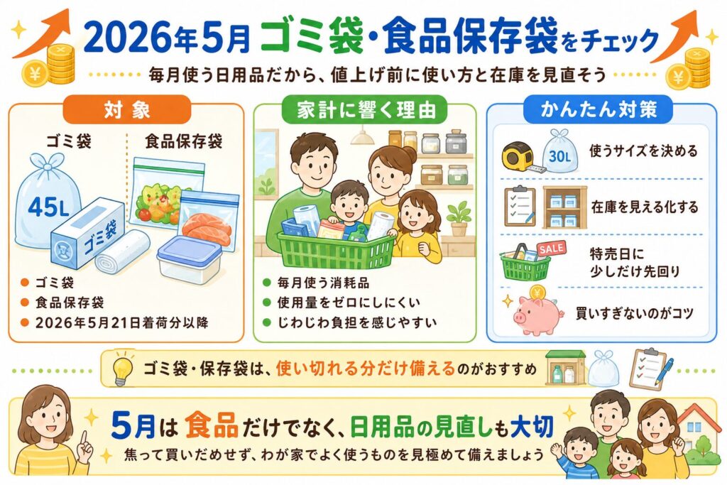 2026年5月に値上げ影響を受けやすいゴミ袋と食品保存袋について、対象商品・家計に響く理由・かんたんな対策をまとめた画像