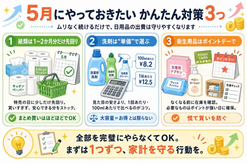 2026年5月の日用品値上げ対策として、紙類の先回り購入、洗剤の単価比較、衛生用品のポイントデー購入という3つの家計防衛策をまとめた画像