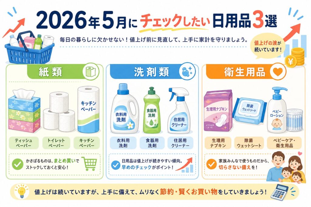 2026年5月にチェックしたい日用品3選として、紙類・洗剤類・衛生用品をわかりやすくまとめた比較イメージ