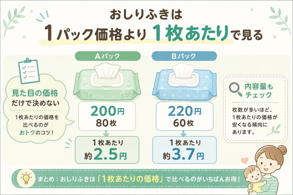 おしりふきは1パック価格ではなく1枚あたりの価格で比較することを解説した価格比較イメージ画像